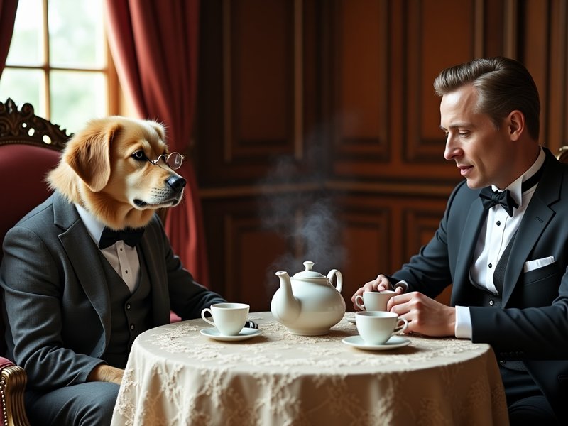 A dog and a man, both sitting at a table enjoying a spot of tea