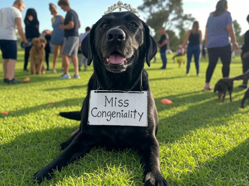 Black lab dog at dog park wearing a crown and a sign that says Miss Congeniality