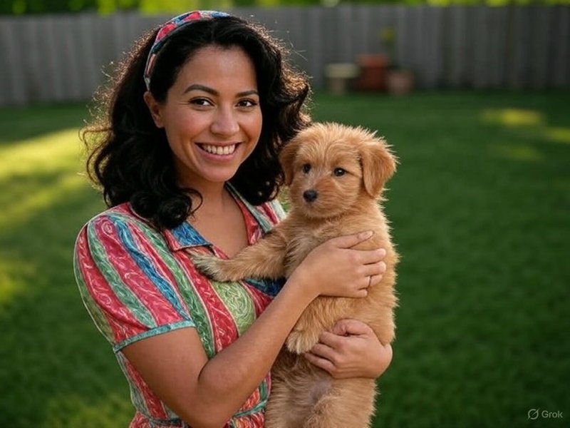 Puppy and owner in backyard