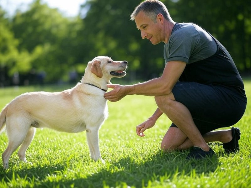 Man and dog playing together in a grassy field