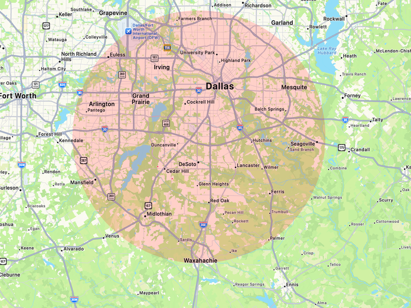 Service Area for Breakthrough Dog Training in Dallas Metroplex
