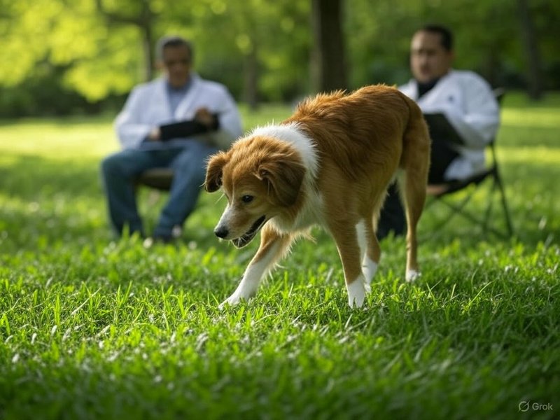 Two men studying a dog